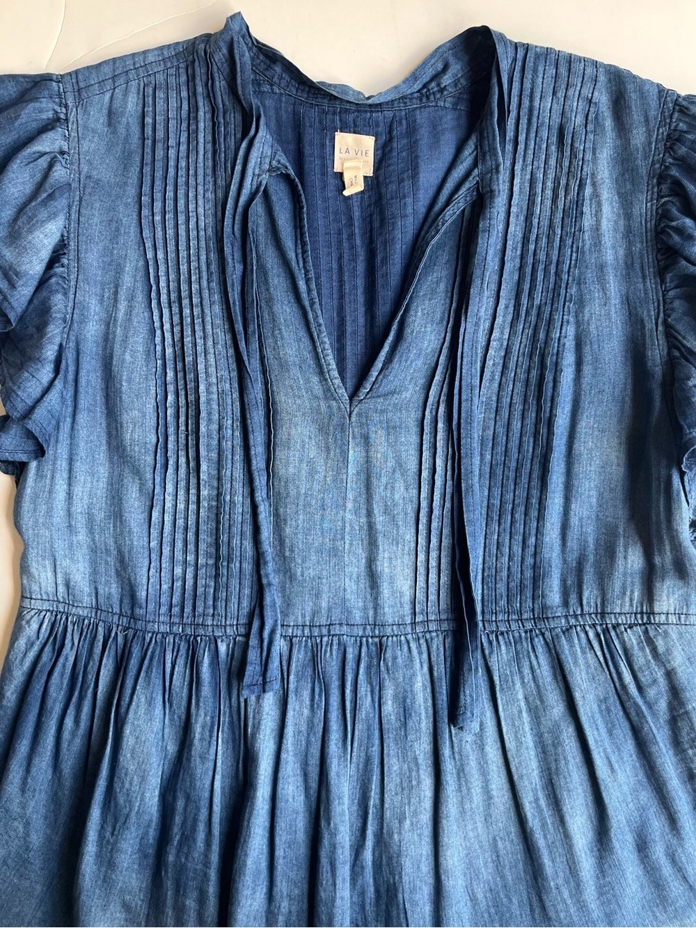 Rebecca Taylor La Vir Pleated Chambray Tie-Neck Dress - Picture 6 of 11